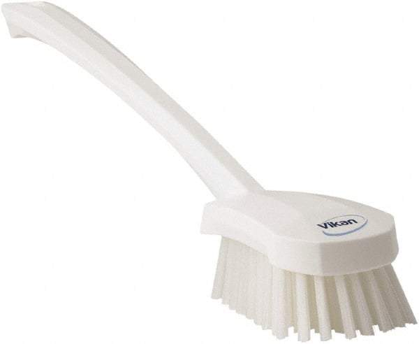 Vikan - 1.3" Bristle Length, Polyester Scrub Brush - 4" Long x 2-3/4" Wide Head, 15-3/4" OAL, White, Polypropylene Block - Apex Tool & Supply