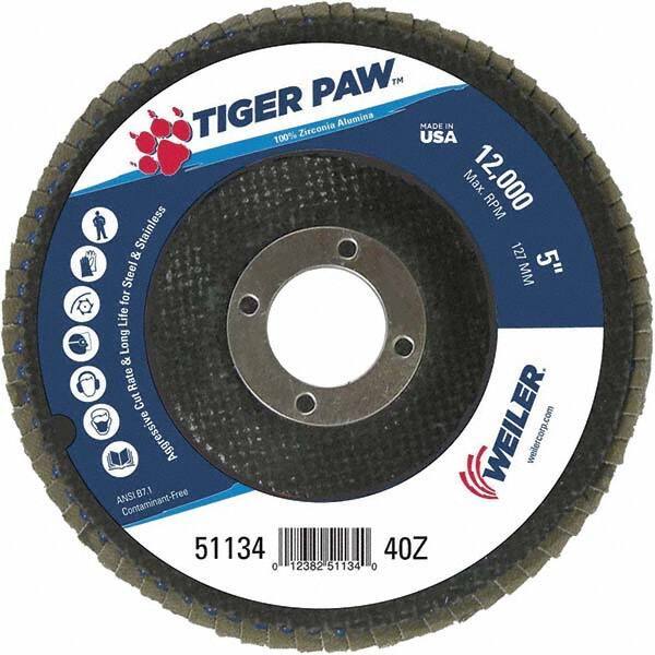 Weiler - 40 Grit, 5" Disc Diam, 7/8" Center Hole, Type 29 Zirconia Alumina Flap Disc - 12,000 Max RPM, Phenolic Backing, Arbor Attaching System, Coated - Apex Tool & Supply
