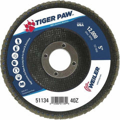 Weiler - 40 Grit, 5" Disc Diam, 7/8" Center Hole, Type 29 Zirconia Alumina Flap Disc - 12,000 Max RPM, Phenolic Backing, Arbor Attaching System, Coated - Apex Tool & Supply