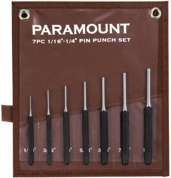 Paramount - 7 Piece, 1/16 to 1/4", Pin Punch Set - Hexagon Shank, Comes in Canvas Roll - Apex Tool & Supply