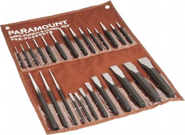 Paramount - 26 Piece Punch & Chisel Set - 1/4 to 1-3/16" Chisel, 3/8 to 1/4" Punch, Hexagon Shank - Apex Tool & Supply