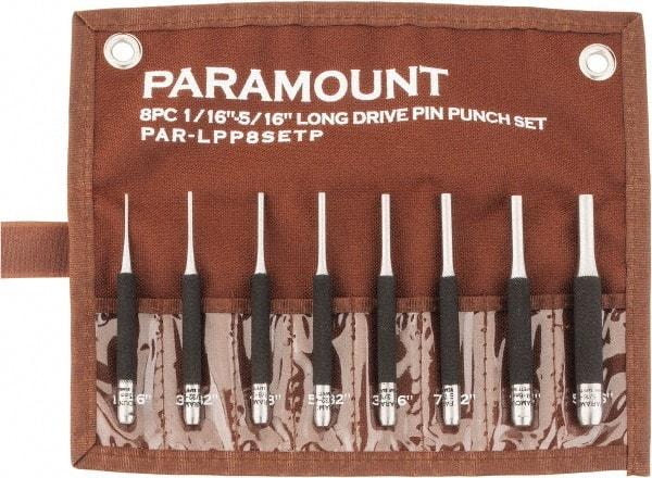 Paramount - 8 Piece, 1/16 to 5/16", Pin Punch Set - Round Shank, Comes in Canvas Roll - Apex Tool & Supply