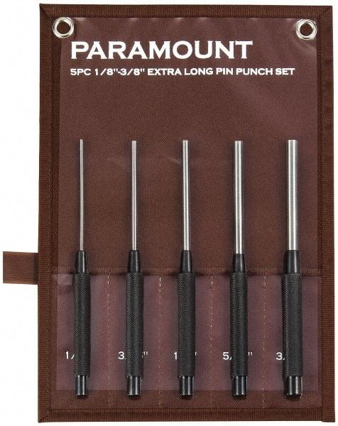 Paramount - 5 Piece, 1/8 to 3/8", Pin Punch Set - Round Shank, Steel, Comes in Canvas Roll - Apex Tool & Supply