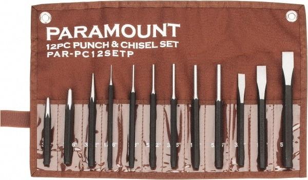 Paramount - 12 Piece Punch & Chisel Set - 3/8 to 5/8" Chisel, 1/16 to 3/8" Punch, Hexagon Shank - Apex Tool & Supply