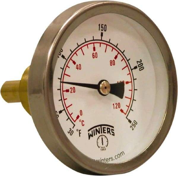 Winters - 30 to 250°F, Industrial Thermometer with Standard Thermowell - 1 Inch Immersion Length, 2.012 Inch Stem Length, 2 Inch Long, 3/4 Inch Thread - Apex Tool & Supply