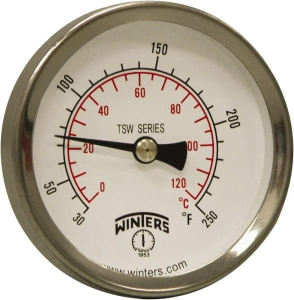 Winters - 30 to 250°F, Industrial Thermometer with Standard Thermowell - 1 Inch Immersion Length, 1.61 Inch Stem Length, 2 Inch Long, 1/2 Inch Thread - Apex Tool & Supply