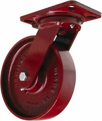 Hamilton - 8" Diam x 2" Wide x 9-3/4" OAH Top Plate Mount Swivel Caster - Cast Iron, 1,500 Lb Capacity, Tapered Roller Bearing, 4-1/2 x 6-1/2" Plate - Apex Tool & Supply