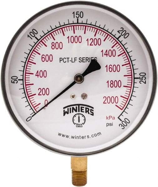 Winters - 4-1/2" Dial, 1/4 Thread, 0-300 Scale Range, Pressure Gauge - Lower Connection Mount, Accurate to 0.01% of Scale - Apex Tool & Supply