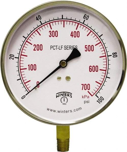 Winters - 4-1/2" Dial, 1/4 Thread, 0-100 Scale Range, Pressure Gauge - Lower Connection Mount, Accurate to 0.01% of Scale - Apex Tool & Supply