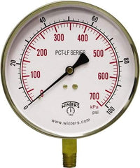 Winters - 4-1/2" Dial, 1/4 Thread, 0-100 Scale Range, Pressure Gauge - Lower Connection Mount, Accurate to 0.01% of Scale - Apex Tool & Supply