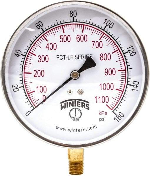 Winters - 4-1/2" Dial, 1/4 Thread, 0-160 Scale Range, Pressure Gauge - Lower Connection Mount, Accurate to 0.01% of Scale - Apex Tool & Supply