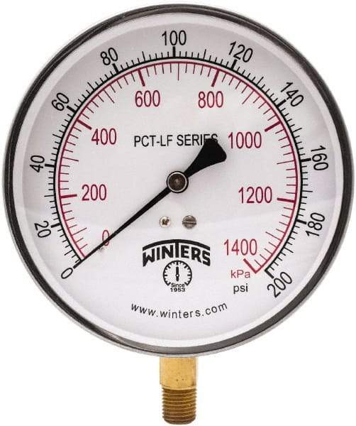 Winters - 4-1/2" Dial, 1/4 Thread, 0-200 Scale Range, Pressure Gauge - Lower Connection Mount, Accurate to 0.01% of Scale - Apex Tool & Supply