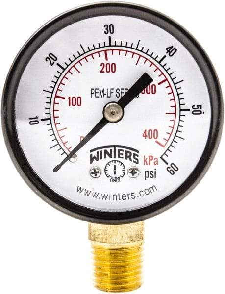 Winters - 2" Dial, 1/4 Thread, 0-60 Scale Range, Pressure Gauge - Lower Connection Mount, Accurate to 3-2-3% of Scale - Apex Tool & Supply