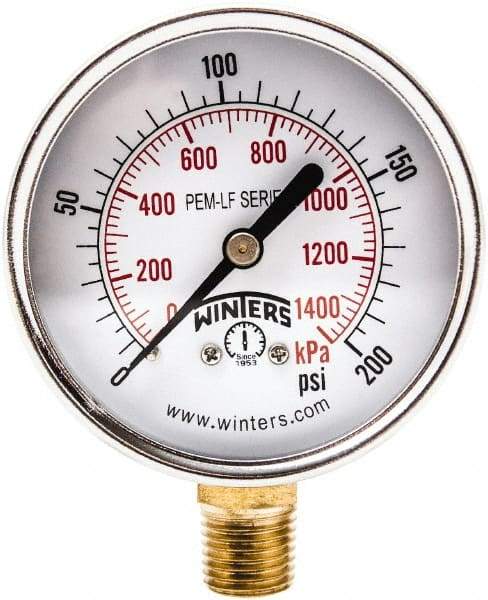 Winters - 2-1/2" Dial, 1/4 Thread, 0-200 Scale Range, Pressure Gauge - Lower Connection Mount, Accurate to 3-2-3% of Scale - Apex Tool & Supply