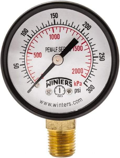 Winters - 2" Dial, 1/4 Thread, 0-300 Scale Range, Pressure Gauge - Lower Connection Mount, Accurate to 3-2-3% of Scale - Apex Tool & Supply