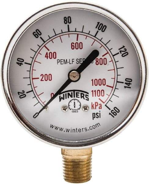 Winters - 2-1/2" Dial, 1/4 Thread, 0-160 Scale Range, Pressure Gauge - Lower Connection Mount, Accurate to 3-2-3% of Scale - Apex Tool & Supply