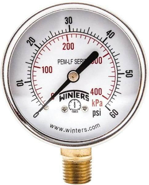 Winters - 2-1/2" Dial, 1/4 Thread, 0-60 Scale Range, Pressure Gauge - Lower Connection Mount, Accurate to 3-2-3% of Scale - Apex Tool & Supply