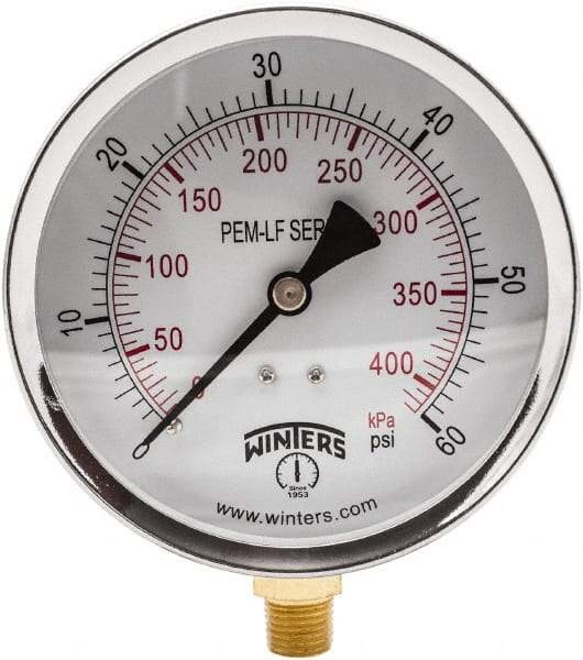 Winters - 4" Dial, 1/4 Thread, 0-60 Scale Range, Pressure Gauge - Lower Connection Mount, Accurate to 3-2-3% of Scale - Apex Tool & Supply