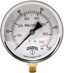Winters - 4" Dial, 1/4 Thread, 0-100 Scale Range, Pressure Gauge - Lower Connection Mount, Accurate to 3-2-3% of Scale - Apex Tool & Supply
