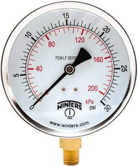 Winters - 4" Dial, 1/4 Thread, 0-30 Scale Range, Pressure Gauge - Lower Connection Mount, Accurate to 3-2-3% of Scale - Apex Tool & Supply