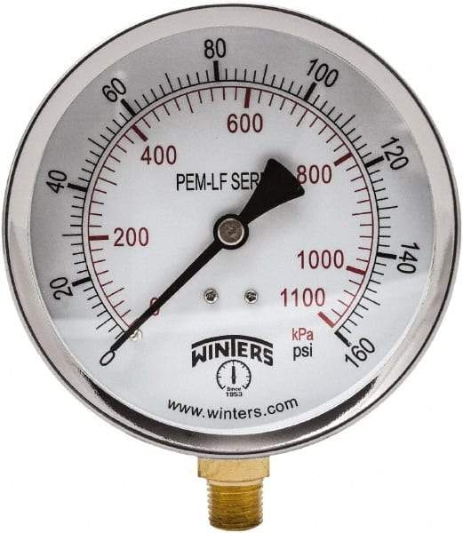 Winters - 4" Dial, 1/4 Thread, 0-160 Scale Range, Pressure Gauge - Lower Connection Mount, Accurate to 3-2-3% of Scale - Apex Tool & Supply