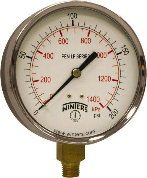Winters - 4" Dial, 1/4 Thread, 0-200 Scale Range, Pressure Gauge - Lower Connection Mount, Accurate to 3-2-3% of Scale - Apex Tool & Supply