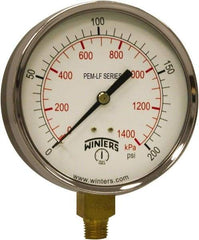 Winters - 4" Dial, 1/4 Thread, 0-200 Scale Range, Pressure Gauge - Lower Connection Mount, Accurate to 3-2-3% of Scale - Apex Tool & Supply