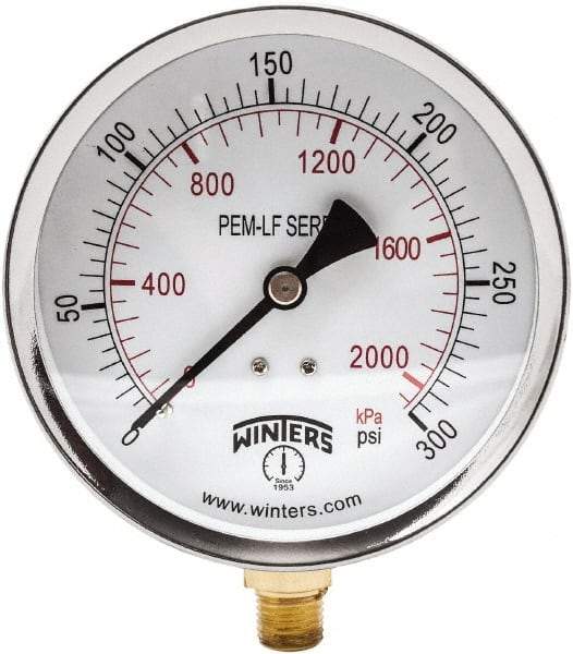 Winters - 4" Dial, 1/4 Thread, 0-300 Scale Range, Pressure Gauge - Lower Connection Mount, Accurate to 3-2-3% of Scale - Apex Tool & Supply