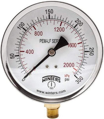 Winters - 4" Dial, 1/4 Thread, 0-300 Scale Range, Pressure Gauge - Lower Connection Mount, Accurate to 3-2-3% of Scale - Apex Tool & Supply