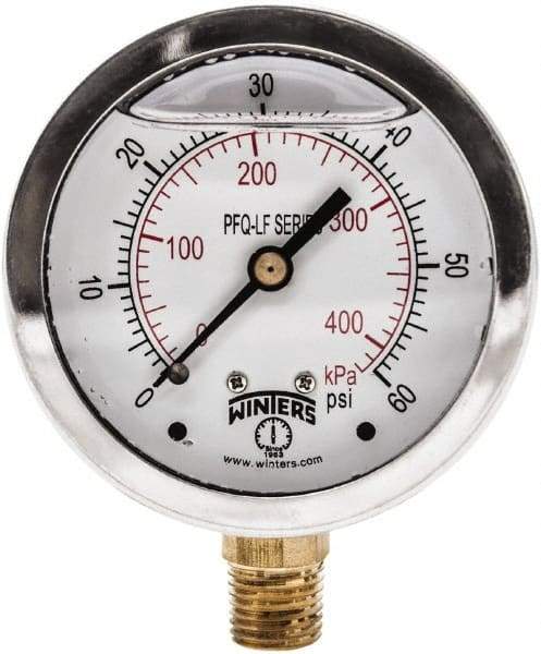 Winters - 2-1/2" Dial, 1/4 Thread, 0-60 Scale Range, Pressure Gauge - Lower Connection Mount, Accurate to 1.5% of Scale - Apex Tool & Supply