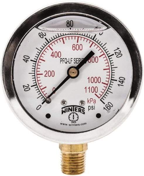 Winters - 2-1/2" Dial, 1/4 Thread, 0-160 Scale Range, Pressure Gauge - Lower Connection Mount, Accurate to 1.5% of Scale - Apex Tool & Supply