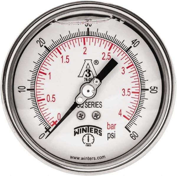 Winters - 4" Dial, 1-1/2 Thread, 0-60 Scale Range, Pressure Gauge - Center Back Connection Mount, Accurate to 0.01% of Scale - Apex Tool & Supply