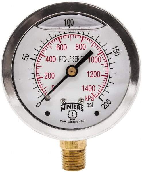 Winters - 2-1/2" Dial, 1/4 Thread, 0-200 Scale Range, Pressure Gauge - Lower Connection Mount, Accurate to 1.5% of Scale - Apex Tool & Supply