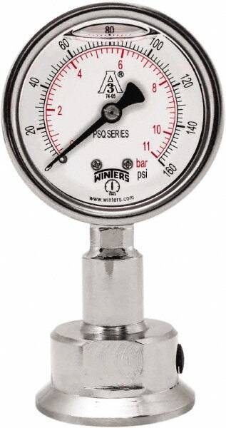 Winters - 2-1/2" Dial, 1-1/2 Thread, 0-160 Scale Range, Pressure Gauge - Lower Connection Mount, Accurate to 1.5% of Scale - Apex Tool & Supply