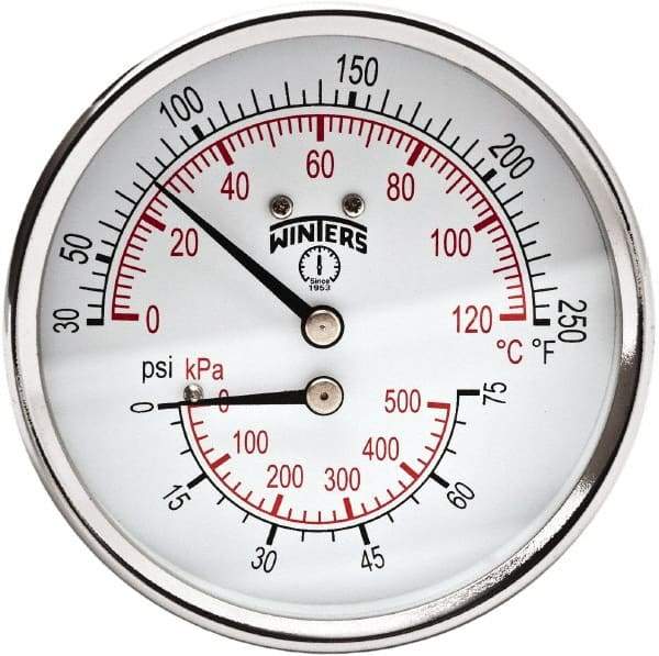 Winters - 3" Dial, 1/2 Thread, 0-75 Scale Range, Pressure Gauge - Center Back Connection Mount, Accurate to 0.03% of Scale - Apex Tool & Supply