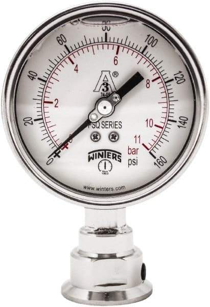Winters - 4" Dial, 1-1/2 Thread, 0-160 Scale Range, Pressure Gauge - Lower Connection Mount, Accurate to 0.01% of Scale - Apex Tool & Supply
