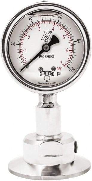 Winters - 2-1/2" Dial, 2 Thread, 0-100 Scale Range, Pressure Gauge - Lower Connection Mount, Accurate to 1.5% of Scale - Apex Tool & Supply