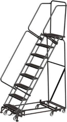 Ballymore - 113" 8 Step Rolling Warehouse Ladder - Lock Step Rolling Safety Ladder, 450 Lb Capacity, 80" Platform Height, 32" Base Width x 61" Base Depth, Perforated Tread - Apex Tool & Supply