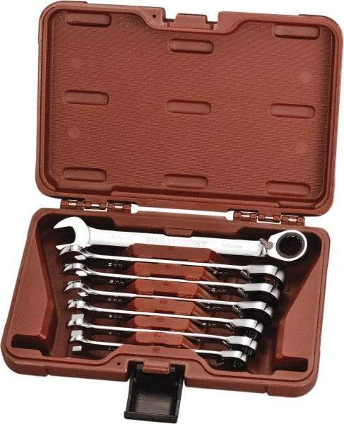 Paramount - 7 Piece, 10mm to 18mm, 12 Point Reversible Ratcheting Combination Wrench Set - Metric Measurement Standard, Full Polish Chrome Finish, Comes in Blow Molded Case - Apex Tool & Supply