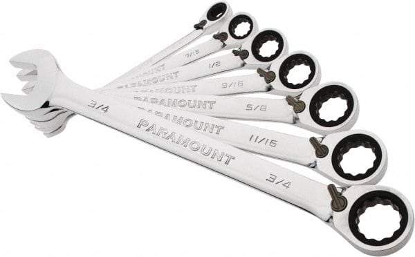 Paramount - 7 Piece, 3/8" to 3/4", 12 Point Reversible Ratcheting Combination Wrench Set - Inch Measurement Standard, Full Polish Chrome Finish, Comes in Blow Molded Case - Apex Tool & Supply