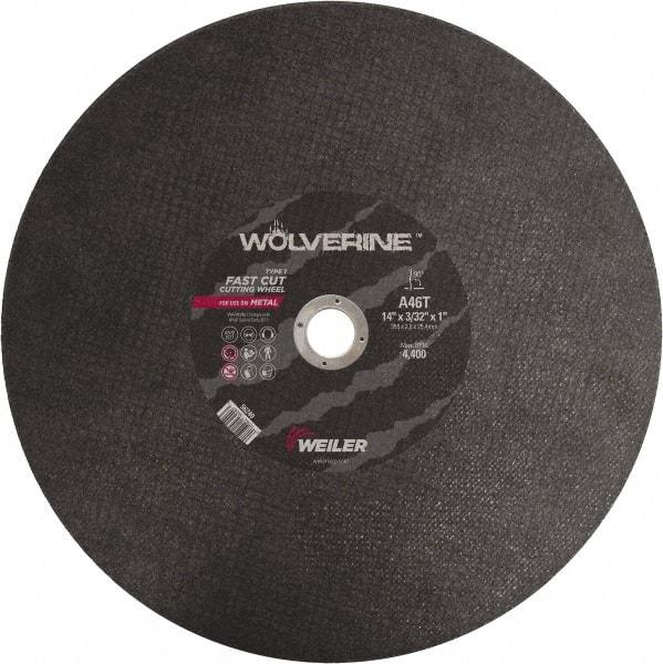 Weiler - 14" 46 Grit Aluminum Oxide Cutoff Wheel - 3/32" Thick, 1" Arbor, 4,400 Max RPM, Use with Chop Saws - Apex Tool & Supply