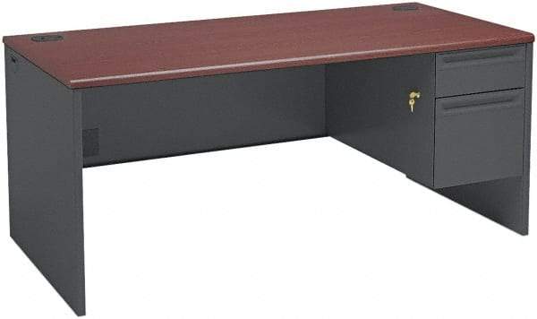 Hon - Steel-Reinforced High-Pressure Laminate/Metal Right Pedestal Desk - 66" Wide x 30" Deep x 29" High, Mahogany/Charcoal - Apex Tool & Supply