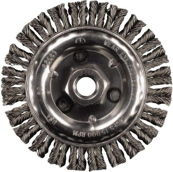 PFERD - 4" OD, 5/8-11 Arbor Hole, Knotted Steel Wheel Brush - 3/16" Face Width, 3/4" Trim Length, 0.02" Filament Diam, 20,000 RPM - Apex Tool & Supply