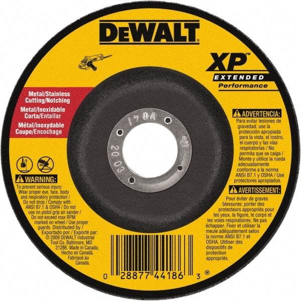 DeWALT - 24 Grit, 9" Wheel Diam, 3/32" Wheel Thickness, 7/8" Arbor Hole, Type 27 Depressed Center Wheel - Zirconia Alumina, Resinoid Bond, 6,600 Max RPM - Apex Tool & Supply