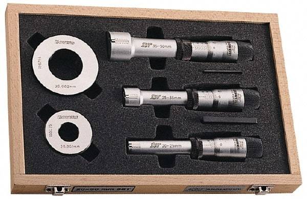 Fowler - 8 Piece, 3/8 to 3/4", Carbide, Hole Mechanical Inside Micrometer Set - 0.005mm Graduation, Ratchet Stop Thimble, Includes (2) Setting Rings, (3) Handles & (3) Heads - Apex Tool & Supply