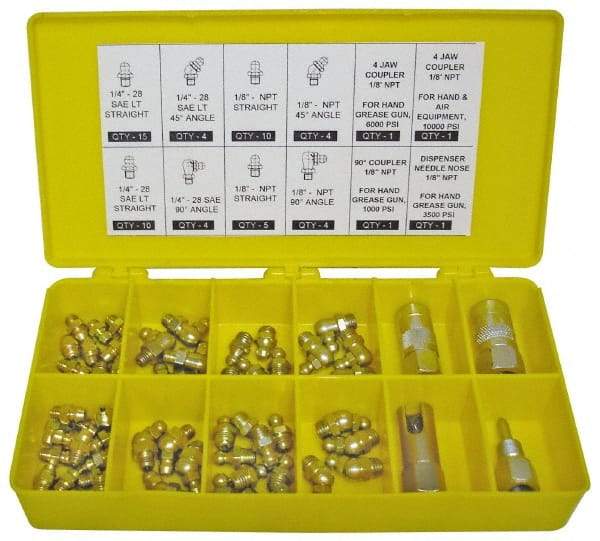PRO-LUBE - 60 Piece, Inch, Box Plastic Steel Grease Fitting Set - Includes PTF, UNF Thread Types, Includes 1/4-28 SAE-LT: (25) Straight, (4) 45°, (4) 90°, 1/8-27 PTF: (15) Straight, (4) 45°, (4) 90° - Apex Tool & Supply