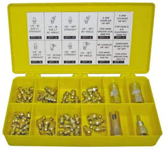 PRO-LUBE - 60 Piece, Inch, Box Plastic Steel Grease Fitting Set - Includes PTF, UNF Thread Types, Includes 1/4-28 SAE-LT: (25) Straight, (4) 45°, (4) 90°, 1/8-27 PTF: (15) Straight, (4) 45°, (4) 90° - Apex Tool & Supply