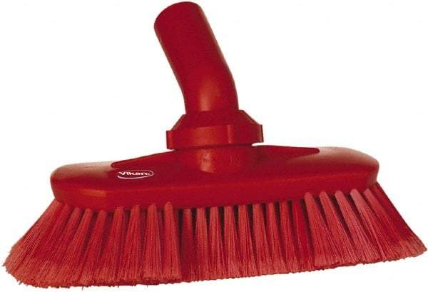 Vikan - 1-1/2" Bristle Length, Polyester Wash Brush - 7-3/4" Long x 3" Wide Head, 8" OAL, European Threaded Handle, Red, Polypropylene Block, Flagged - Apex Tool & Supply
