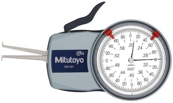 Mitutoyo - 0.2 to 0.6" Inside Dial Caliper Gage - 0.0002" Graduation, 0.0008" Accuracy, 1.37" Leg Length, 0.09" Deep x 0.032" Wide Groove, Ball Contact Points - Apex Tool & Supply