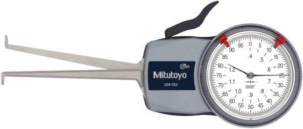 Mitutoyo - 0.4 to 1.2" Inside Dial Caliper Gage - 0.0005" Graduation, 0.0015" Accuracy, 3.3" Leg Length, 0.19" Deep x 0.06" Wide Groove, Ball Contact Points - Apex Tool & Supply